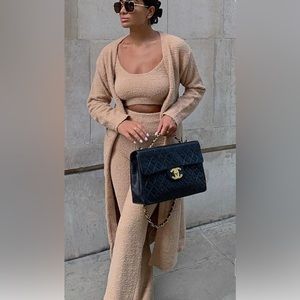 Taupe Chenille Longline Belted Pocket Detail Cardigan